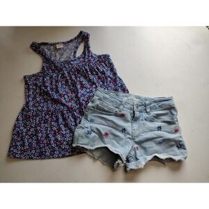 Wallflower Girl Floral Peplum Tank Top and Embroidered Denim Shorts Set Size 10